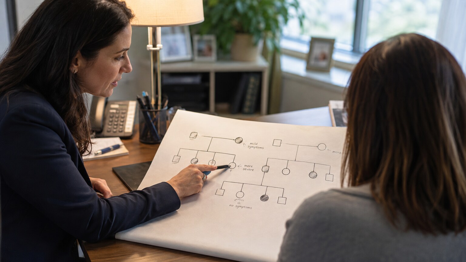 A genetic counselor reviewing a hand-drawn family pedigree chart noting varying symptom severity across relatives who share the same genetic variant