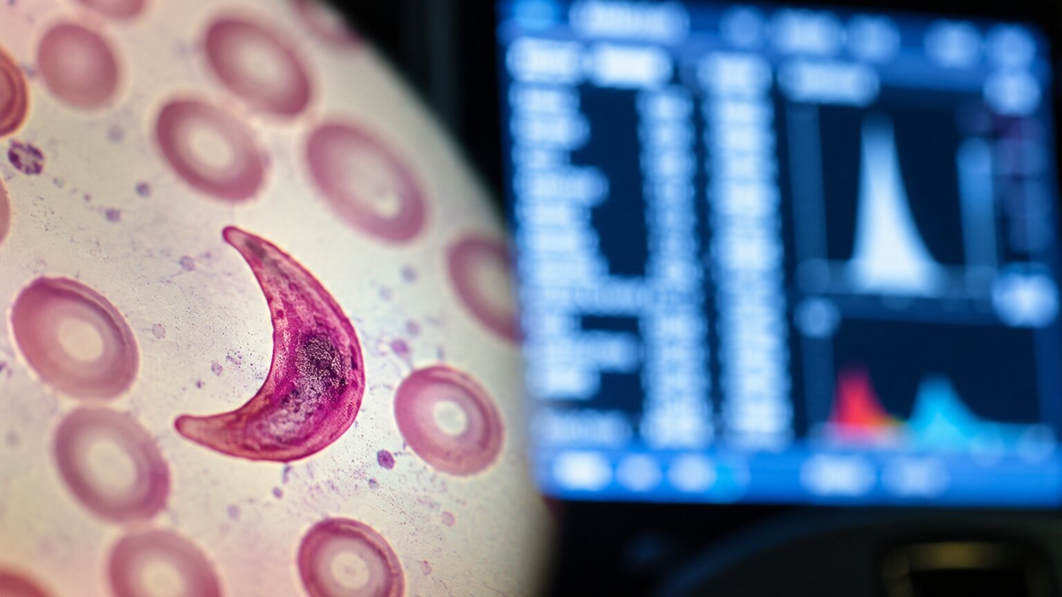 Close-up microscope view of an abnormal blood cell in sharp focus with a glowing hematology analyzer screen blurred behind it