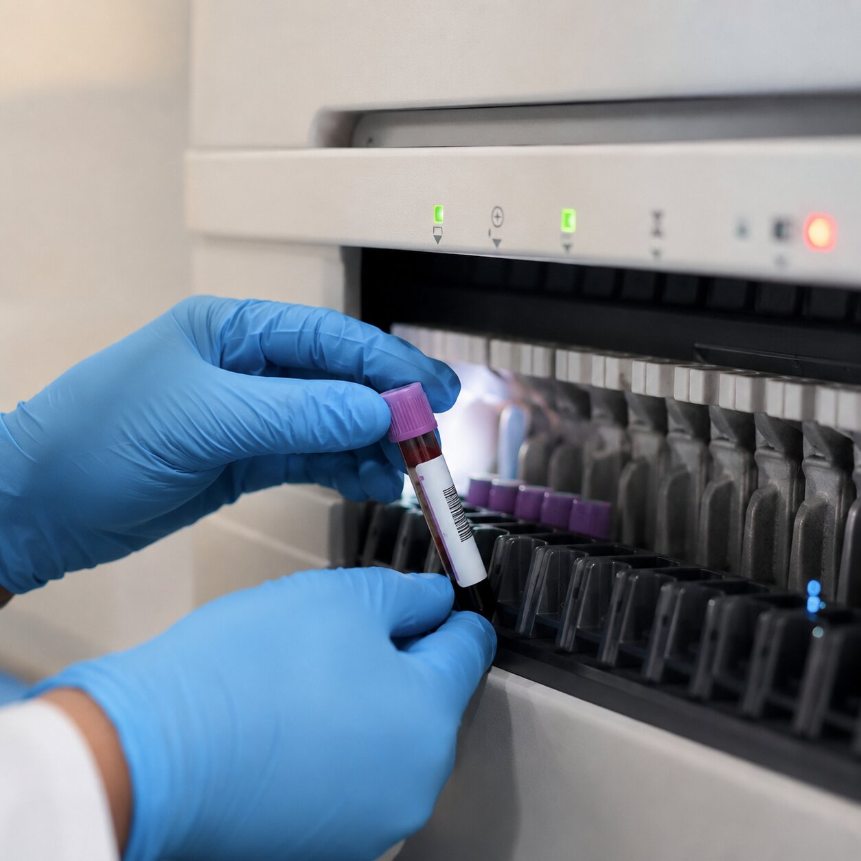 Laboratory technologist's gloved hands loading a labeled blood sample tube into an automated hematology analyzer