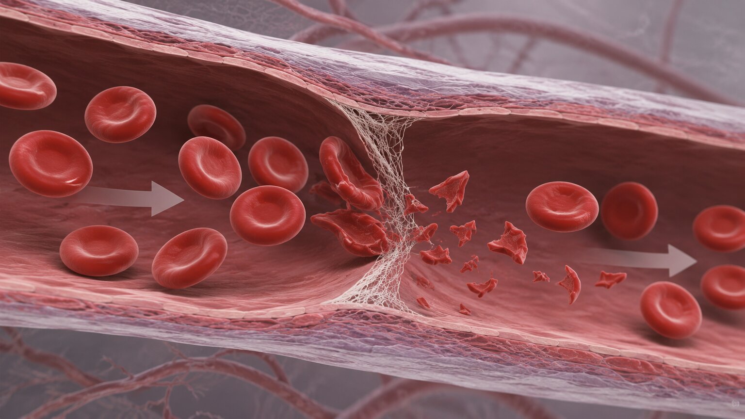Scientific illustration of jagged, fragmented red blood cells shearing apart as they pass through a partially obstructed small blood vessel