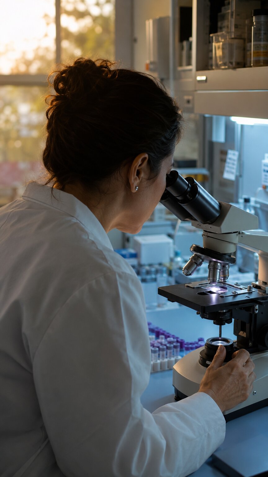 Laboratory scientist leaning closely into a binocular microscope while examining a stained blood film slide