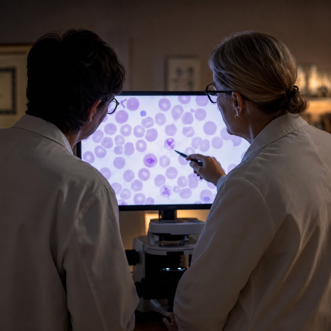 Two laboratory pathologists standing together reviewing a blood smear slide on a shared microscope monitor
