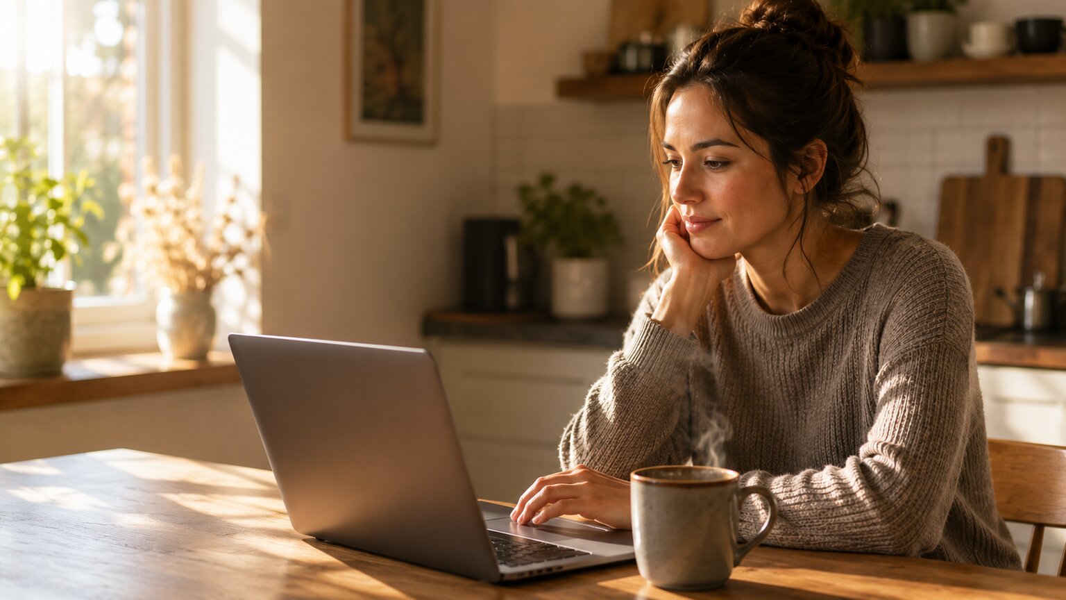 Woman at a kitchen table in morning light looking thoughtfully at her lab results on a laptop screen