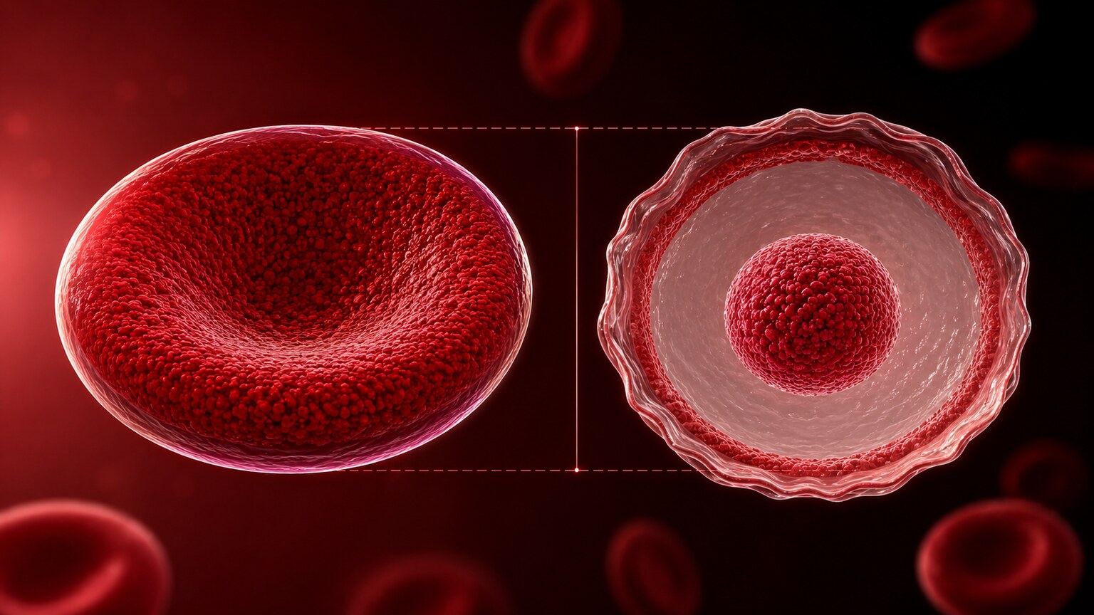 Scientific cross-section illustration comparing a normal biconcave red blood cell to a target cell with excess membrane relative to hemoglobin content