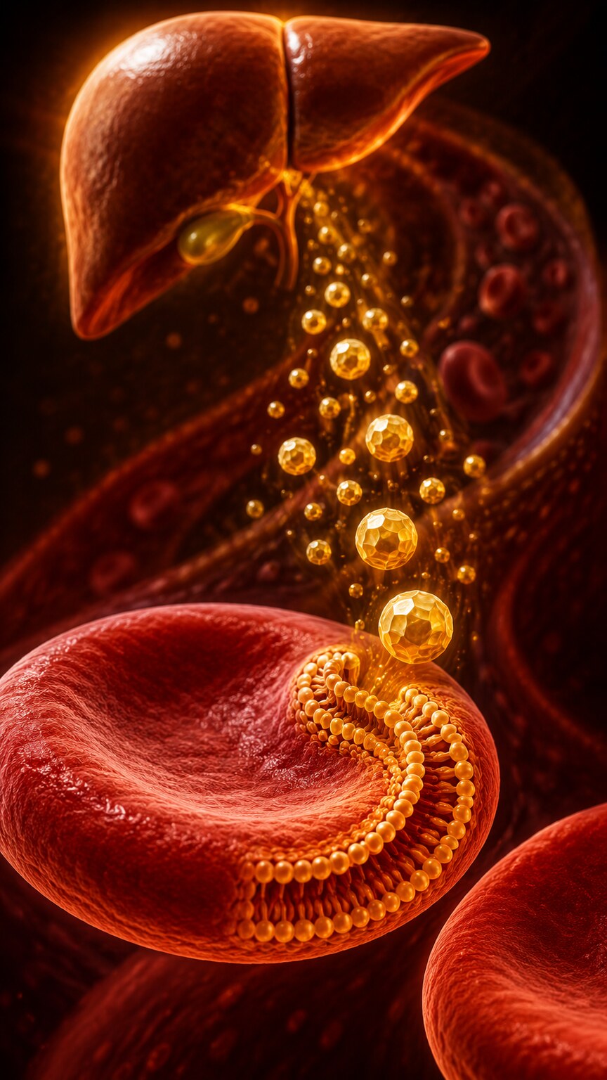 Scientific illustration of a liver releasing excess cholesterol-rich lipid particles that get absorbed into a red blood cell's membrane