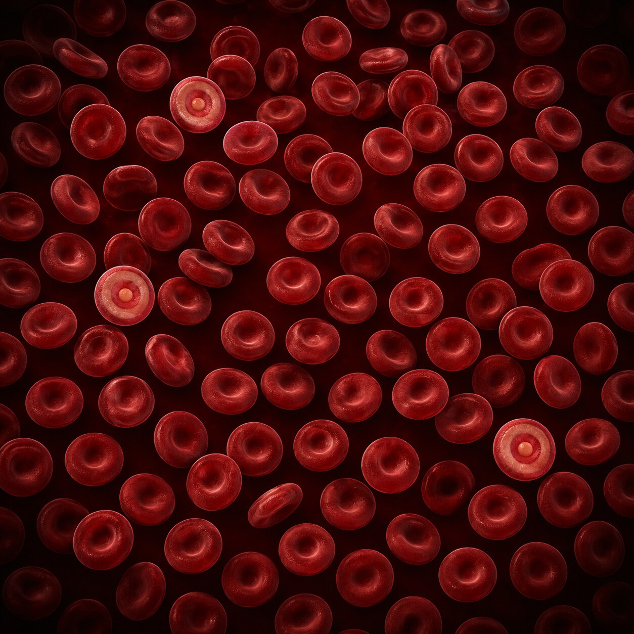 Scientific illustration of a blood smear showing only two or three target cells scattered among a majority of normal biconcave red blood cells