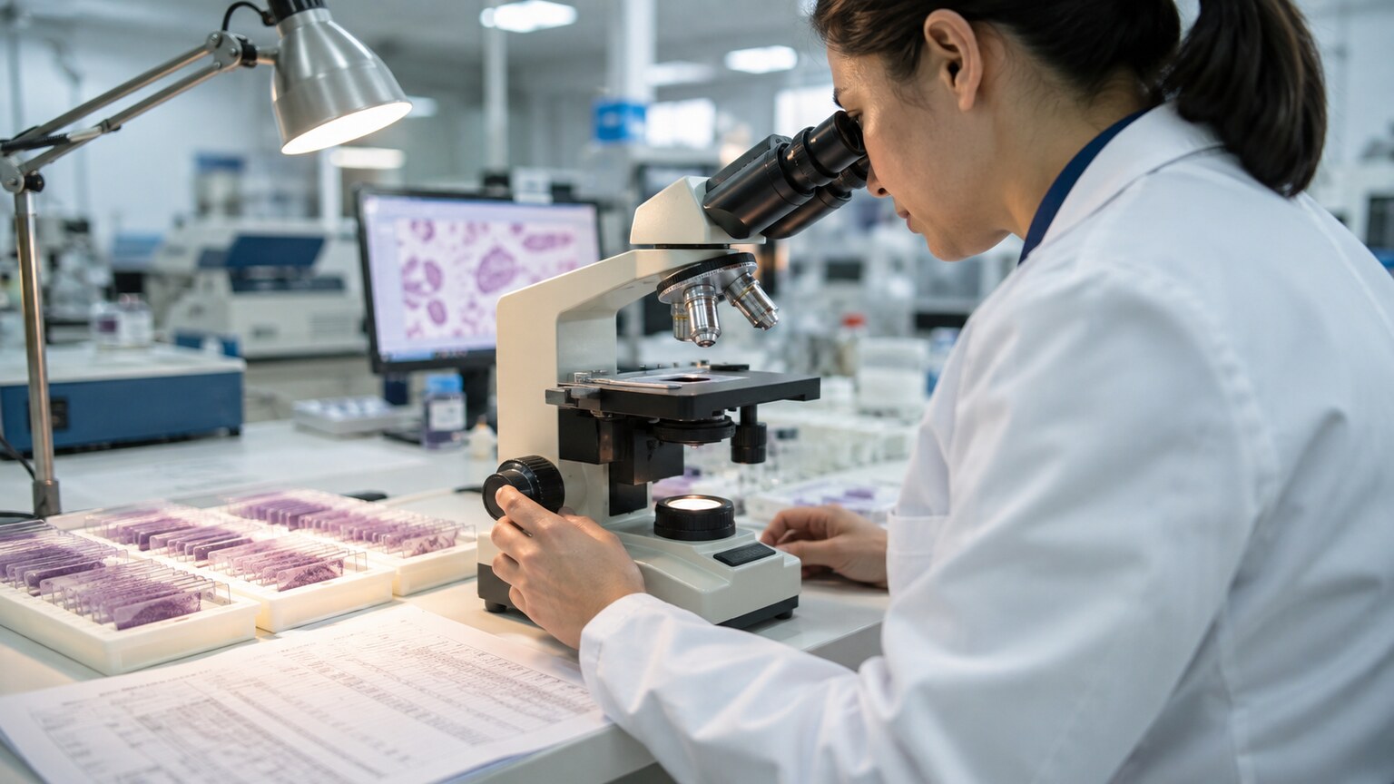 A hematology laboratory professional reviewing a stained blood smear slide under a microscope