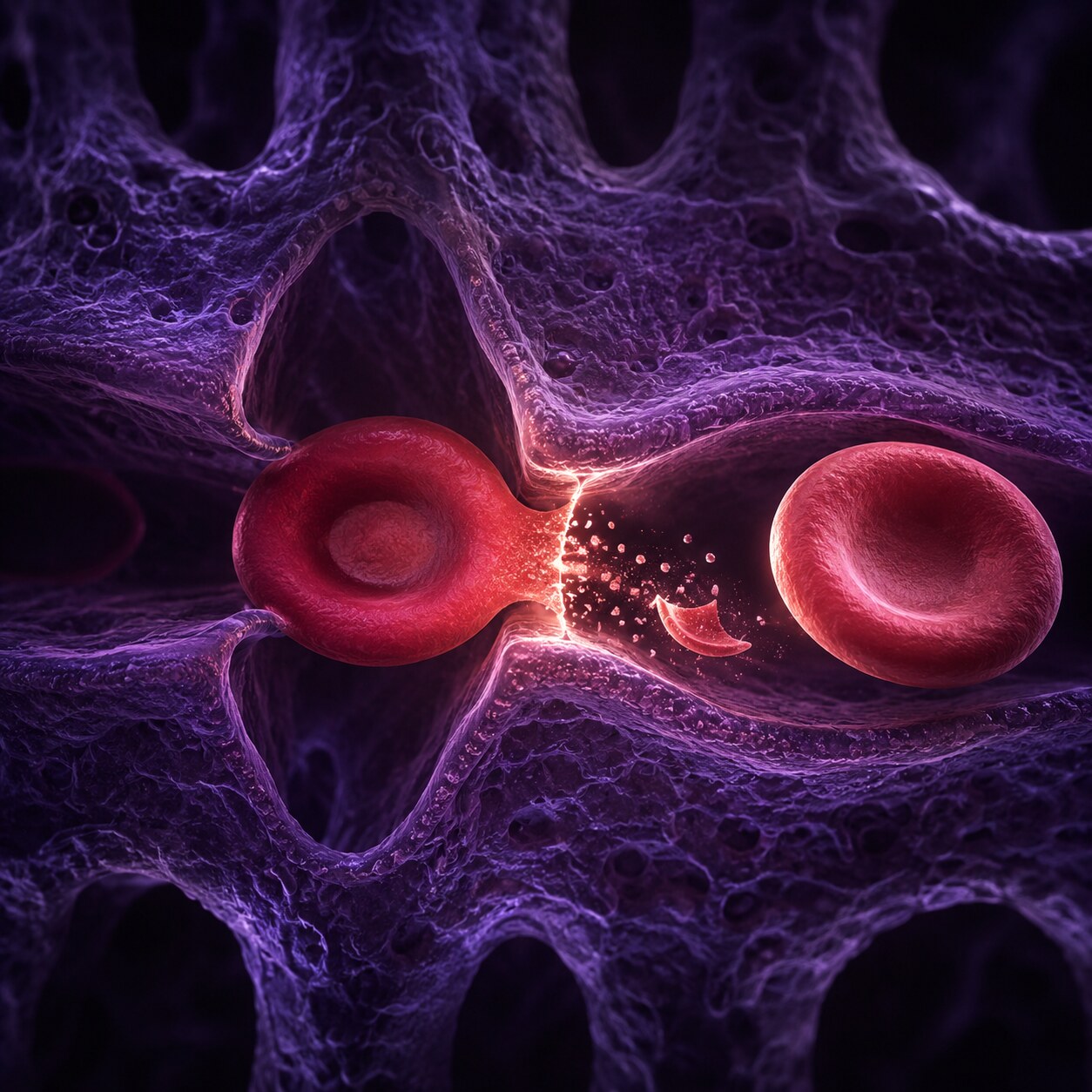 Scientific illustration of the spleen actively trimming excess membrane material from a red blood cell passing through its filtering tissue