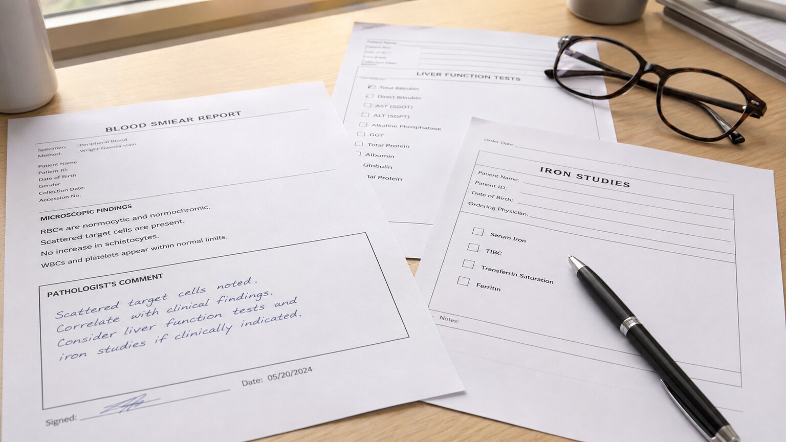 A printed blood smear report noting target cells on a desk beside newly ordered liver function and iron study requisition forms