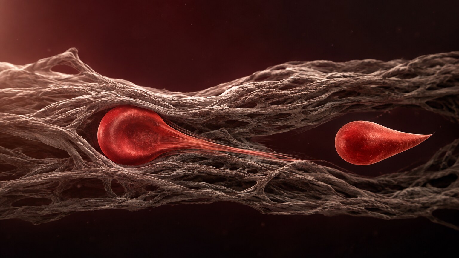 Scientific illustration of a red blood cell being physically squeezed and elongated as it passes through a dense mesh of scar tissue fibers inside bone marrow
