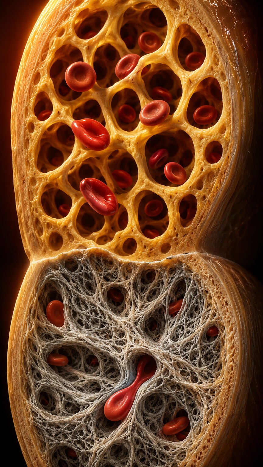 Scientific illustration comparing a cross-section of open, spongy normal bone marrow tissue against dense, collagen-scarred fibrotic bone marrow tissue