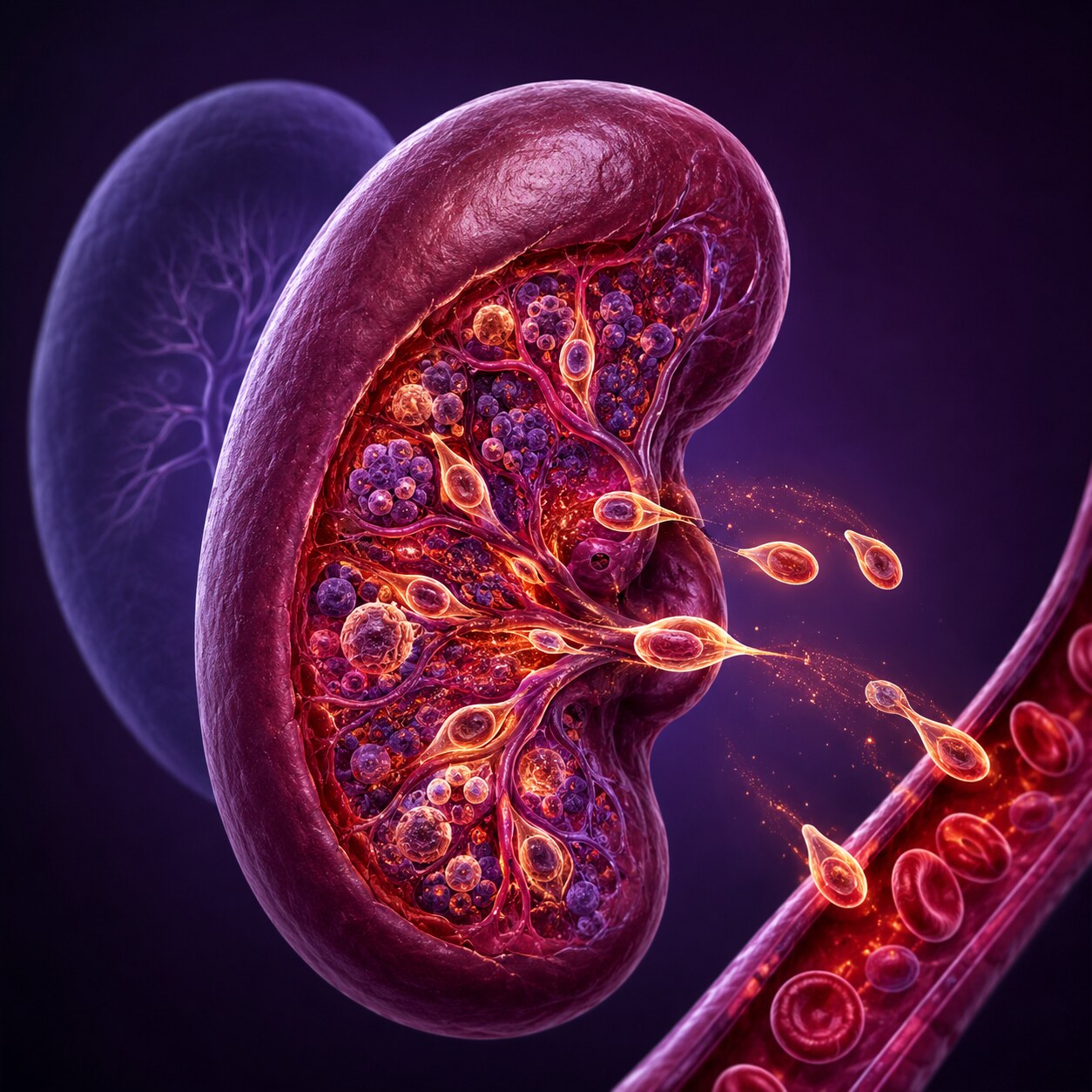 Scientific illustration of an enlarged spleen actively producing red blood cells as compensation for reduced bone marrow function