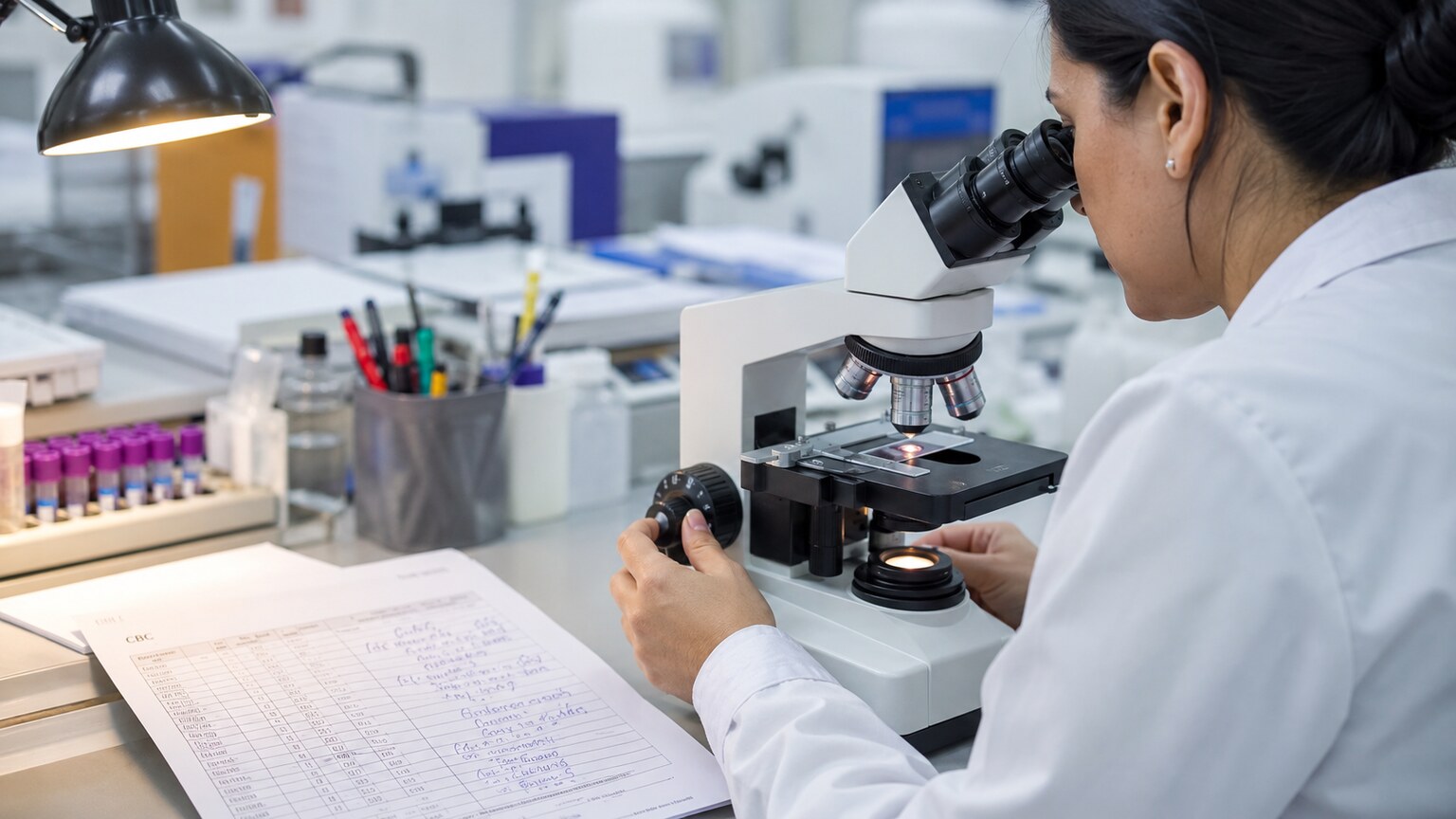 A hematology laboratory professional carefully reviewing a stained blood smear slide showing a leukoerythroblastic pattern under a microscope
