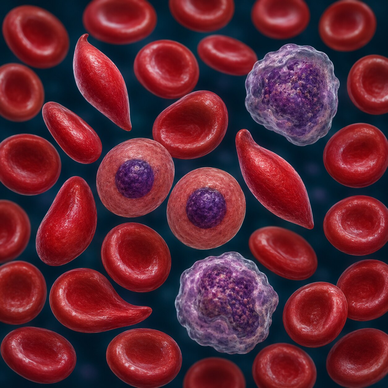 Scientific illustration of a blood smear showing teardrop-shaped red blood cells alongside immature nucleated red blood cells and immature white blood cells