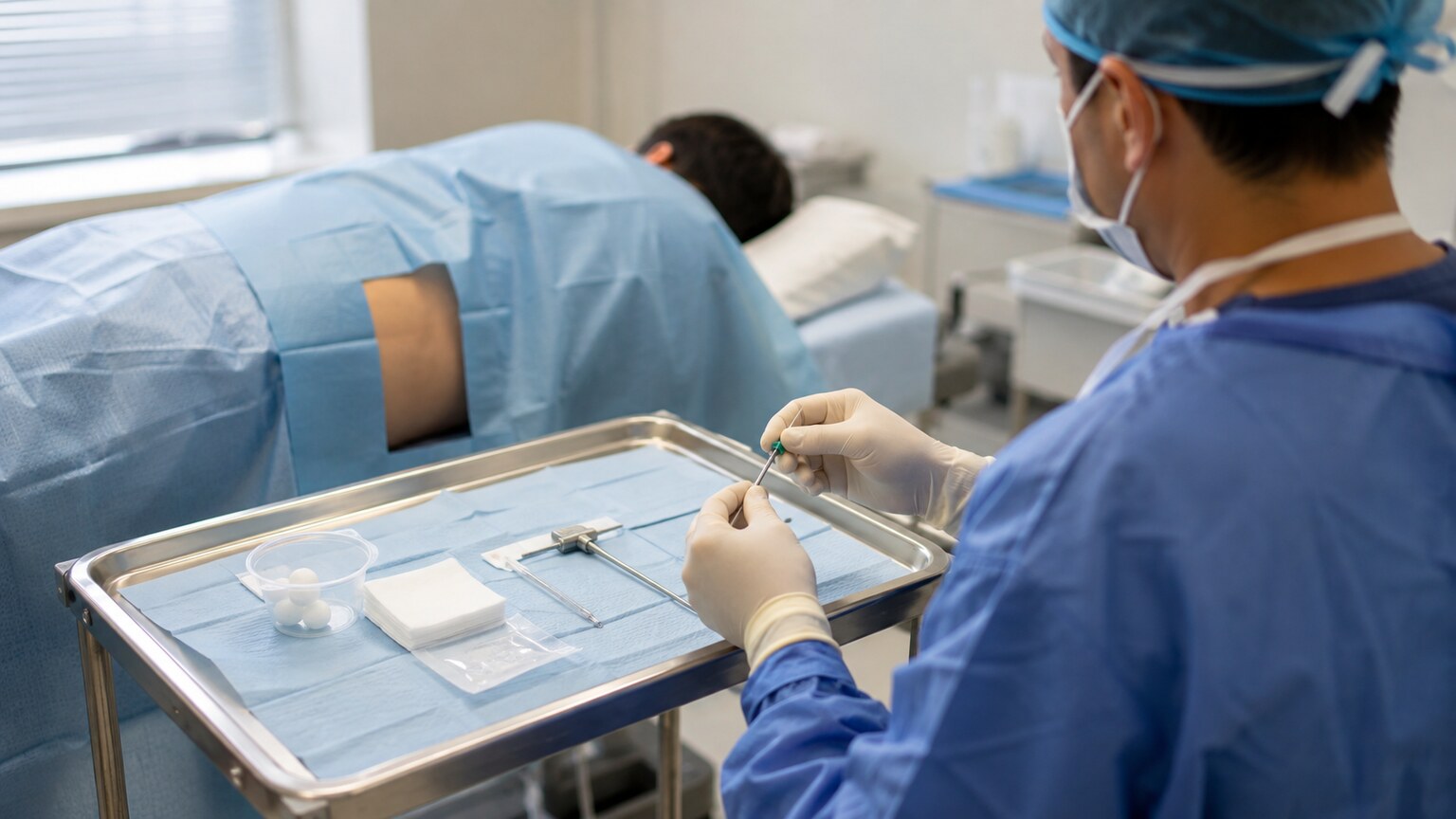 A patient positioned for a bone marrow biopsy procedure in a clinical setting, with a physician preparing the sampling equipment