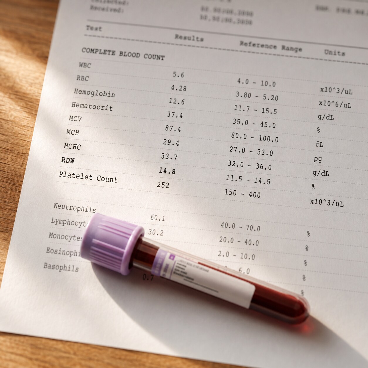 Close-up of a printed CBC lab report with the RDW value visible next to a capped blood collection tube