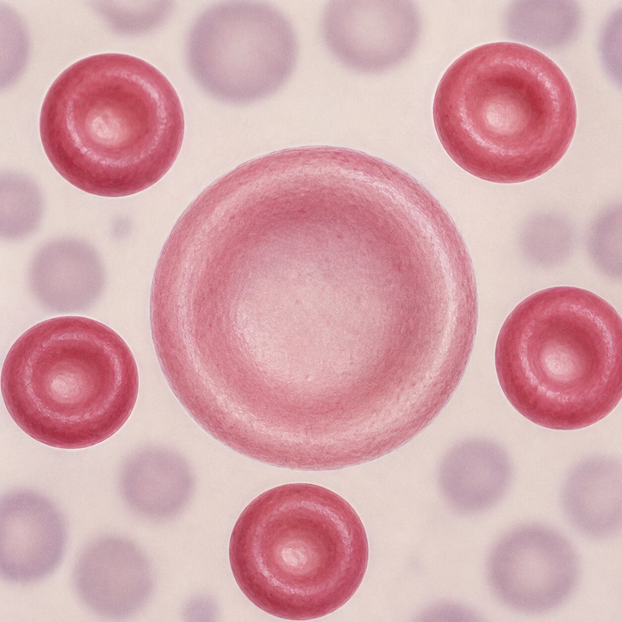 Scientific illustration comparing an oversized macrocytic red blood cell beside several normal-sized red blood cells