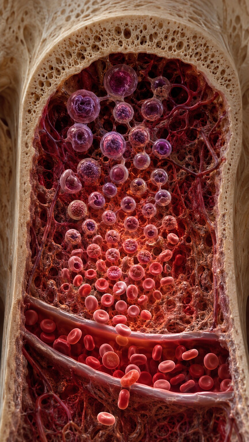 Cross-section scientific illustration of bone marrow producing red blood cells of varying maturity and size inside a bone cavity