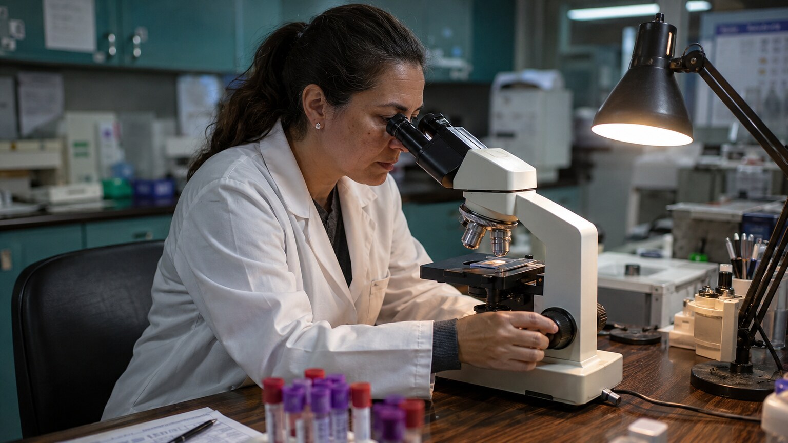 Laboratory technologist reviewing a blood smear slide under a microscope during a diagnostic follow-up evaluation