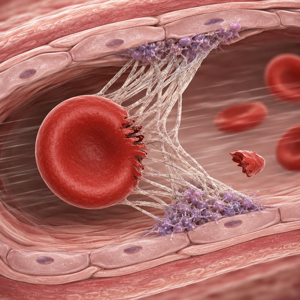 Scientific illustration of a red blood cell being sliced by strands of fibrin mesh inside a narrow, partially blocked small blood vessel