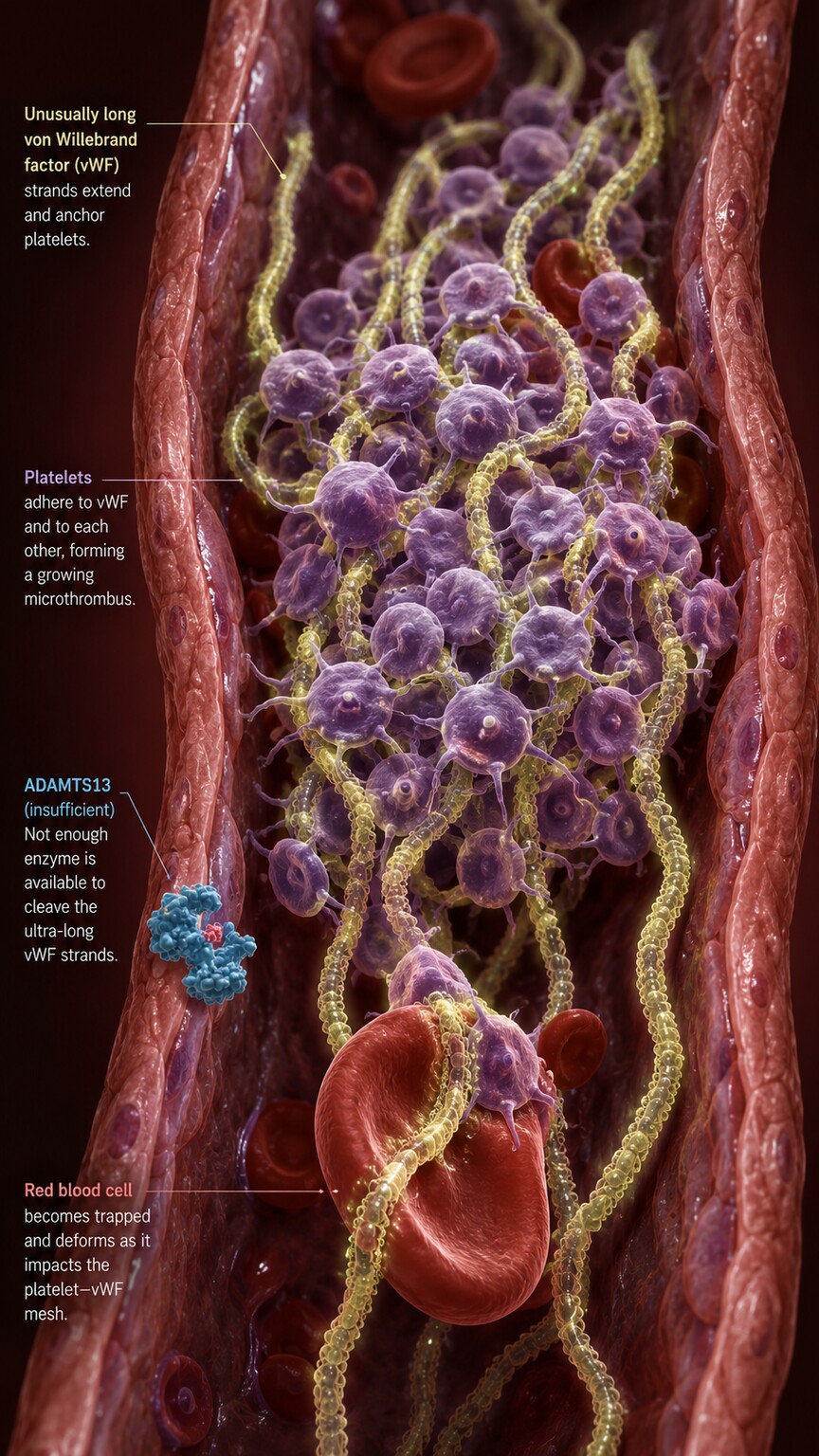 Scientific illustration of oversized von Willebrand factor strands trapping platelets into a microscopic clot inside a small vessel due to missing ADAMTS13 enzyme