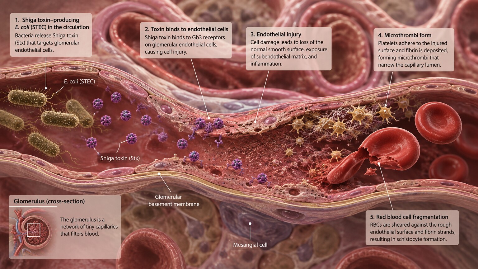 Scientific cross-section illustration of Shiga toxin damaging the delicate capillary lining inside a kidney glomerulus, triggering clot formation