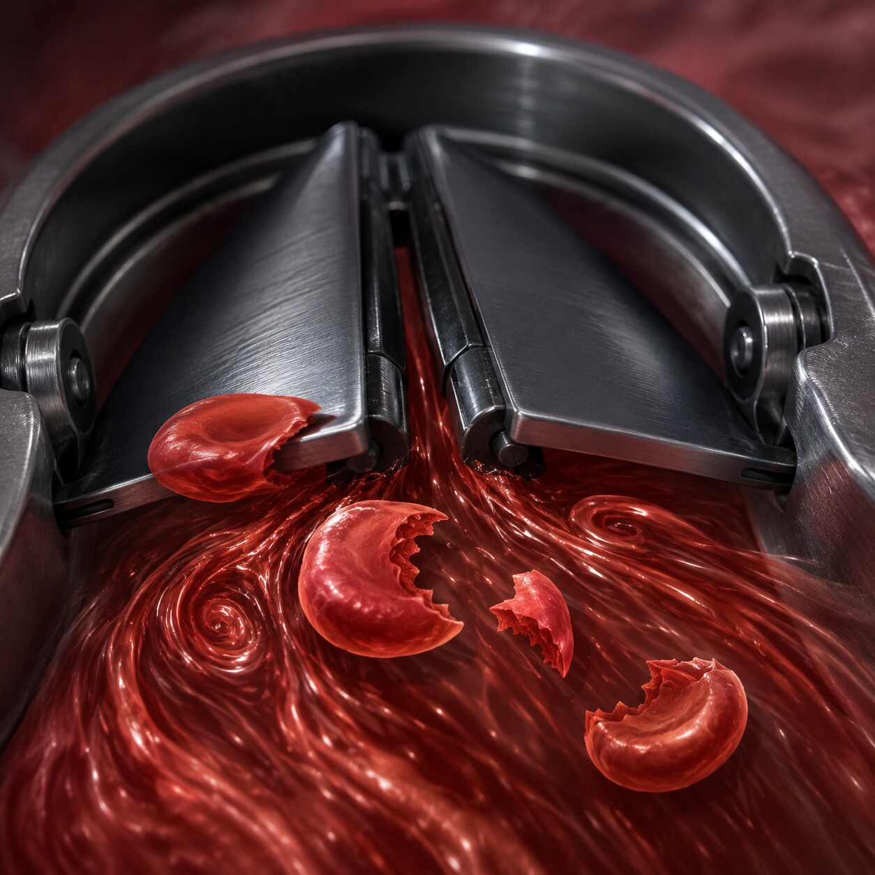 Close-up illustration of blood cells passing through the metal leaflets of a mechanical prosthetic heart valve, with turbulent flow shearing red blood cells