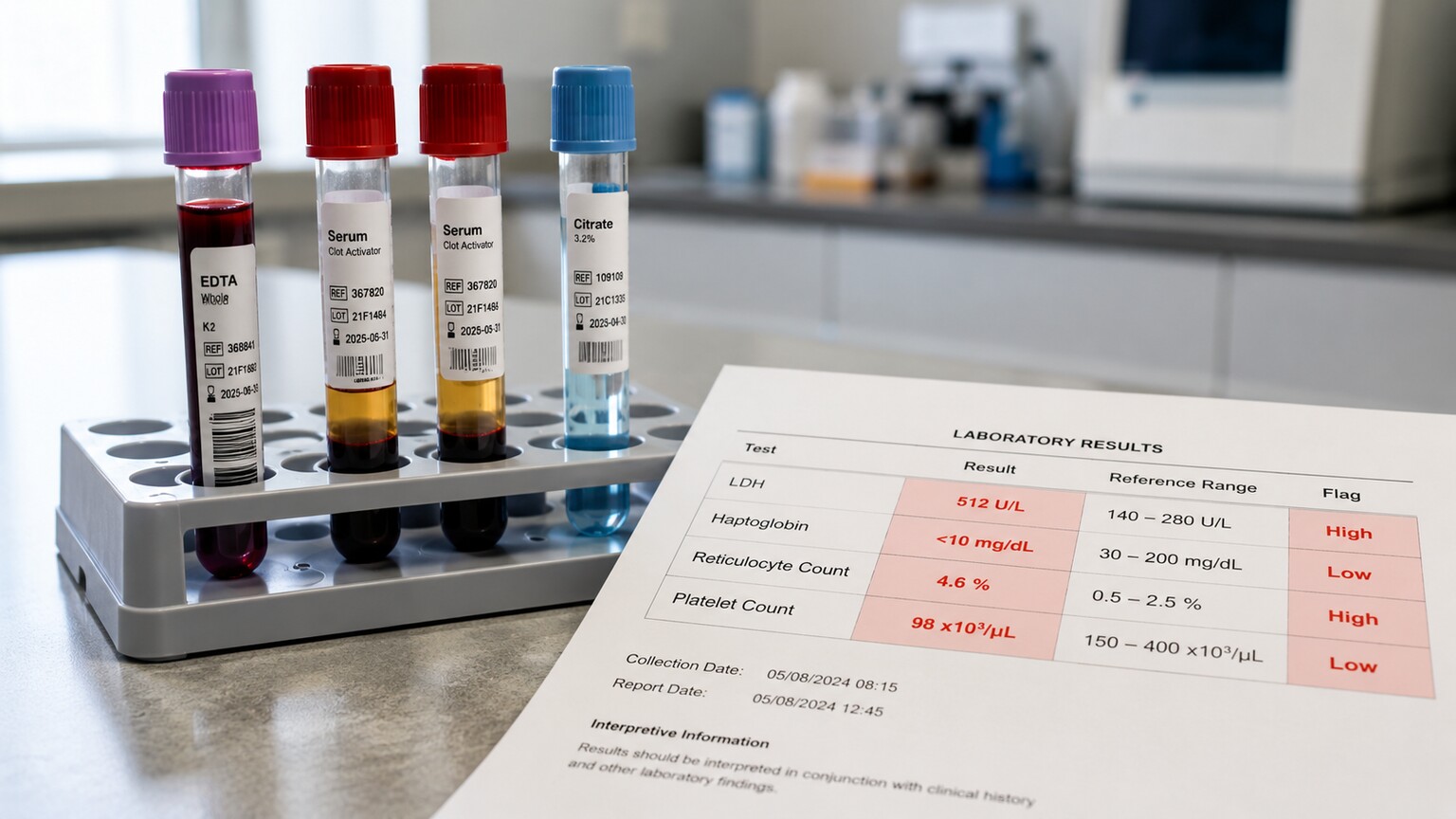 Blood test tubes arranged next to a printed lab report showing LDH, haptoglobin, and platelet results consistent with active hemolysis