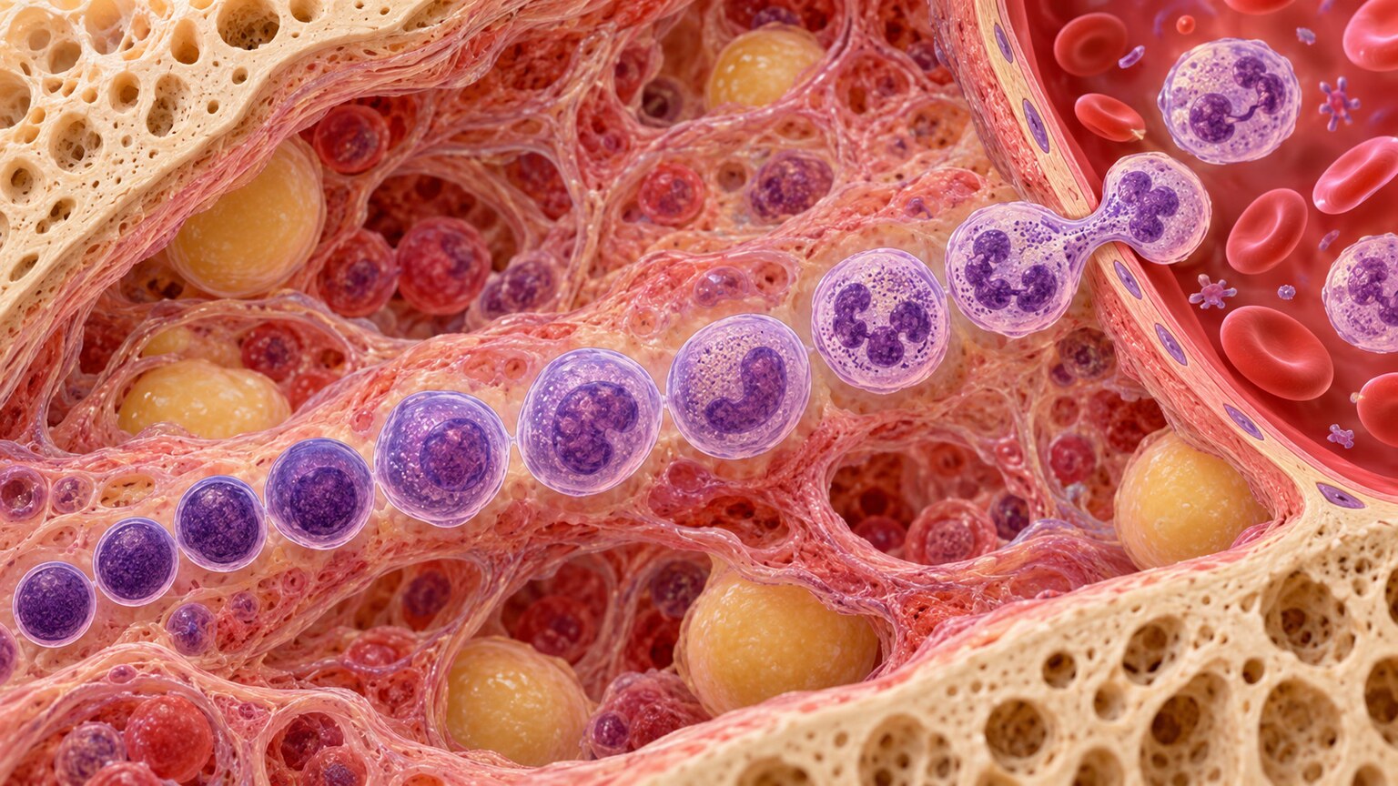 Bone marrow illustration showing white blood cells maturing in stages before release into the bloodstream