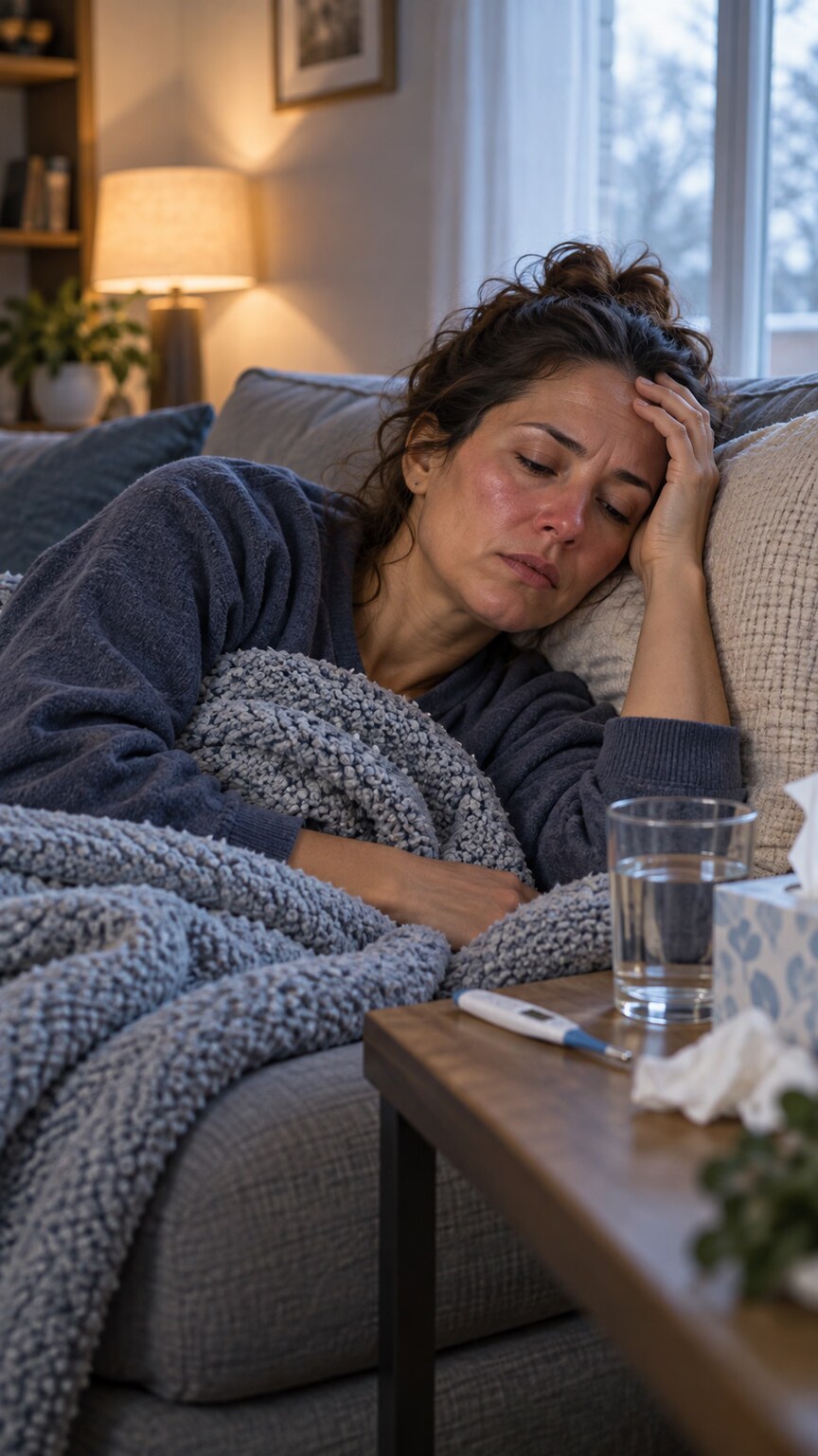 Person lying on a couch under a blanket with a thermometer, resting at home while fighting an active infection and fever
