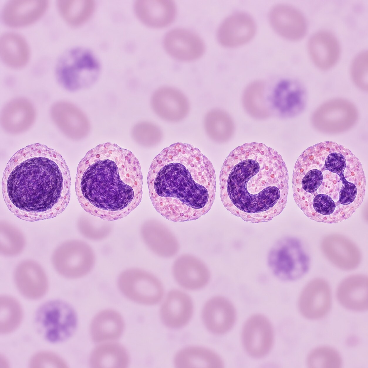 Row of white blood cells shown at increasing stages of maturity, from a round young nucleus to a fully lobed one