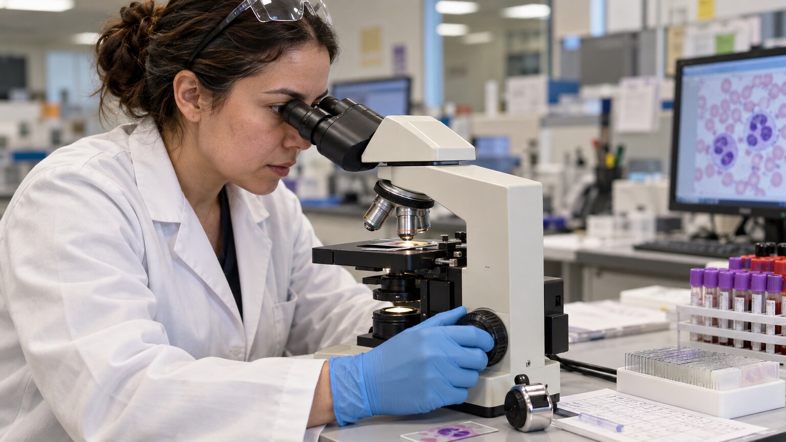 Lab technician performing a manual differential count under a microscope to identify each cell stage