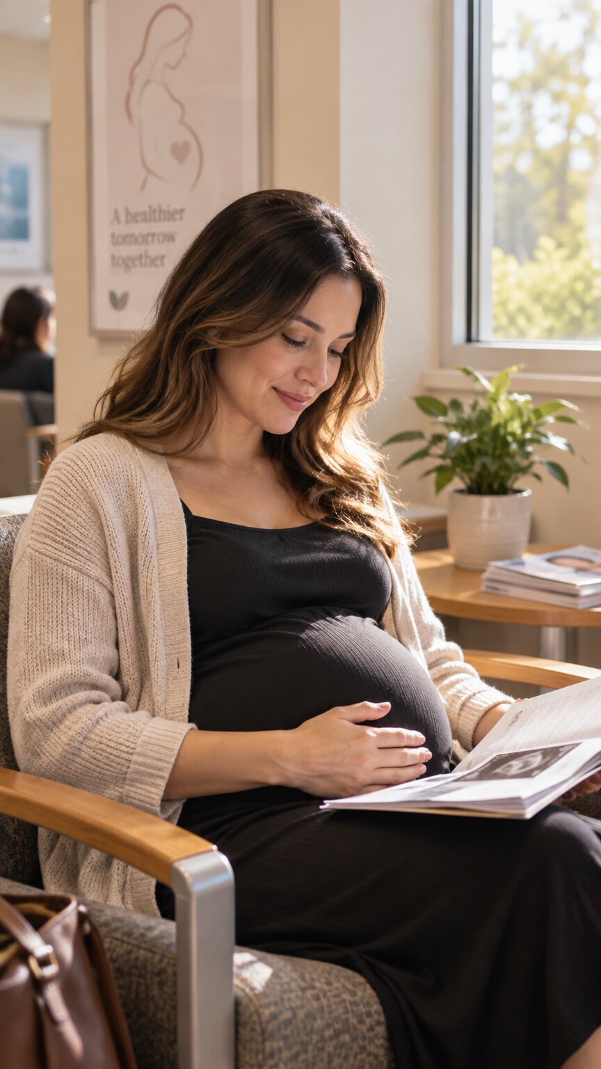 Pregnant woman sitting in a waiting room during a routine prenatal appointment