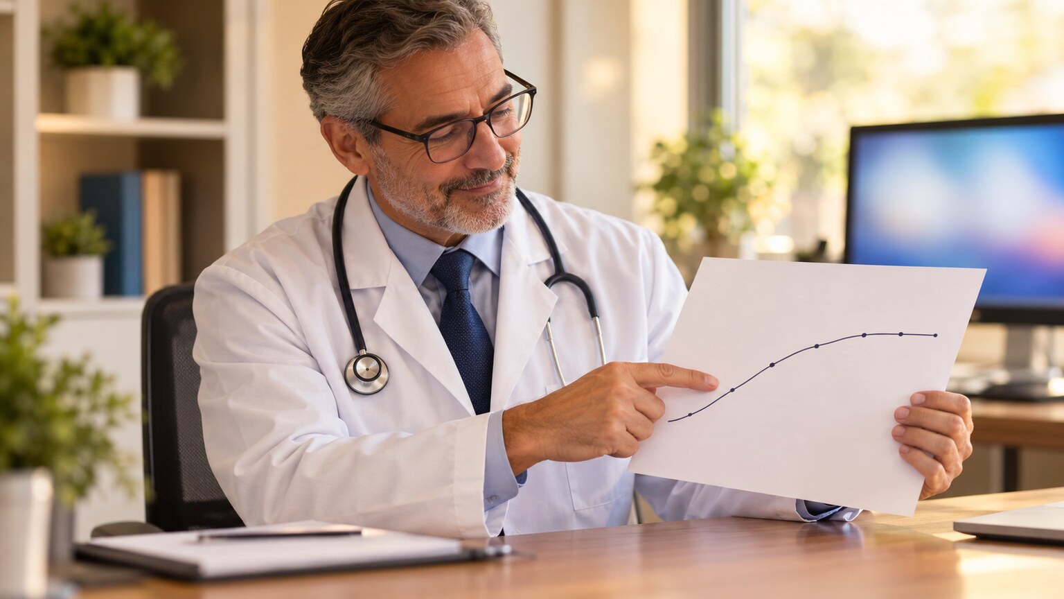 Doctor reviewing a printed complete blood count report with a trend line across several dates