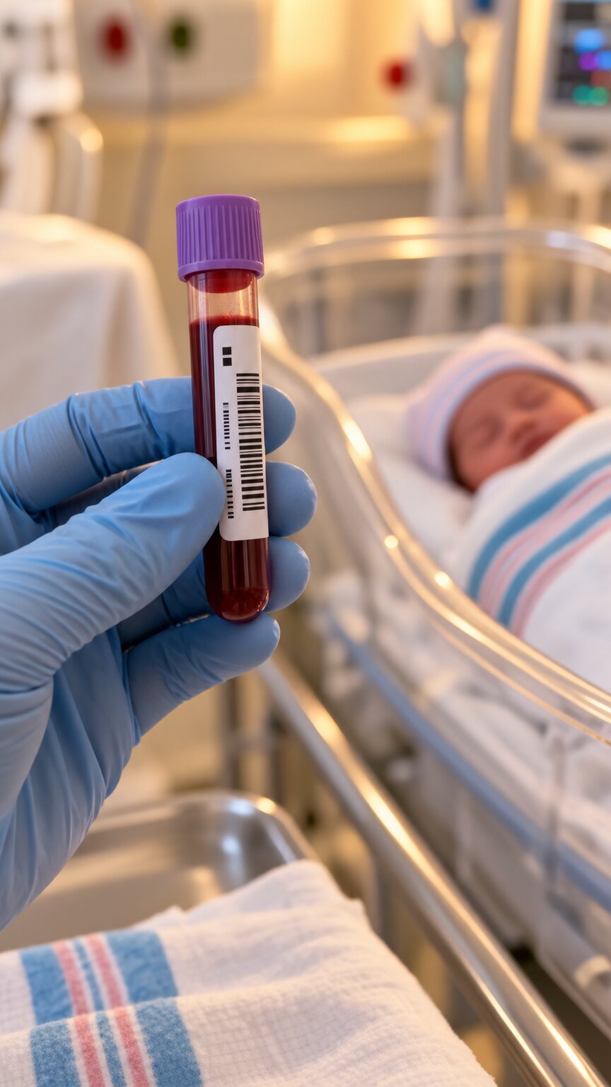 Close-up illustration of a small vial of umbilical cord blood being labeled beside a newborn's hospital bassinet