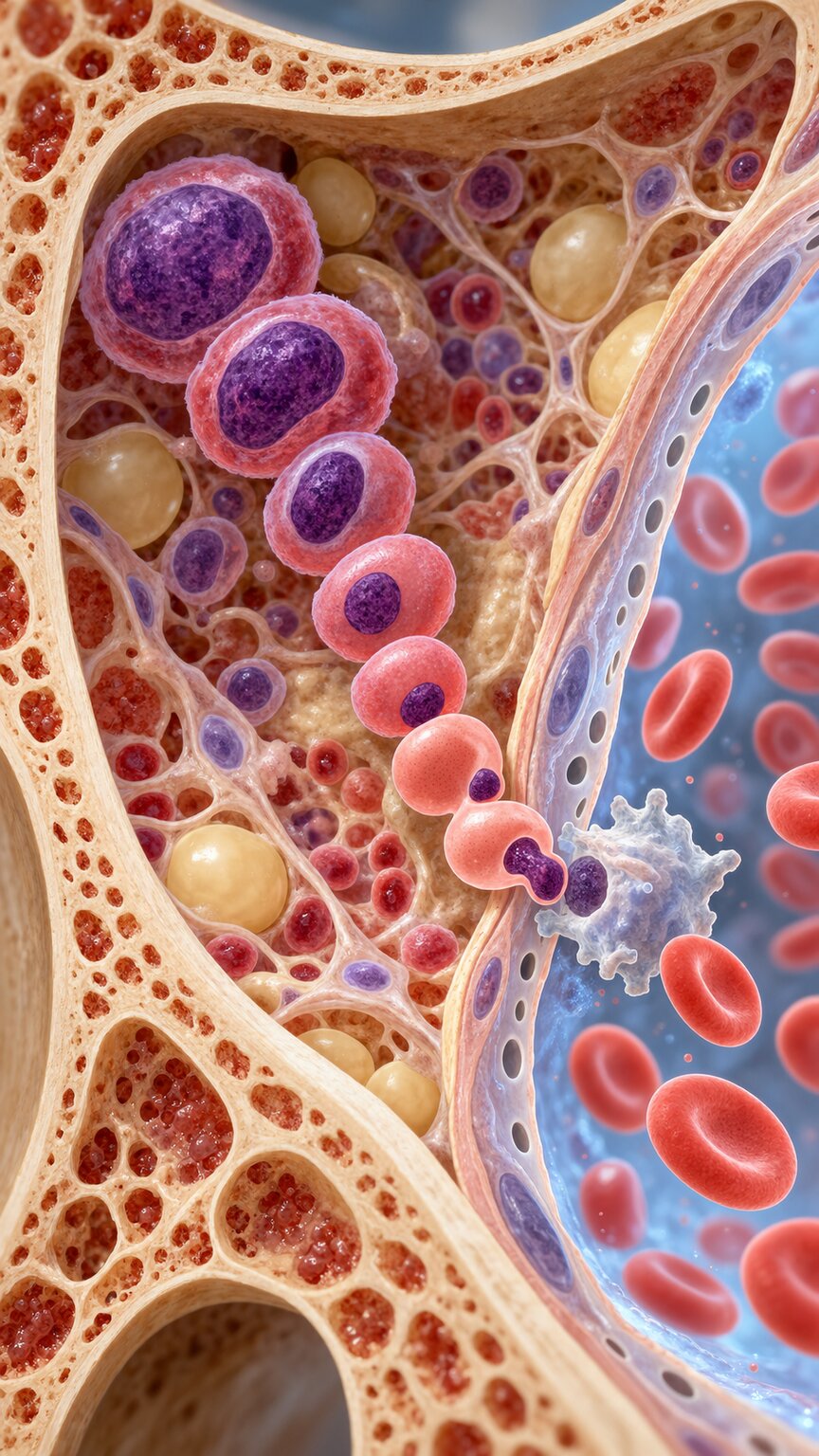 Cross-section illustration of bone marrow tissue showing red blood cell precursors at different maturation stages inside the marrow cavity