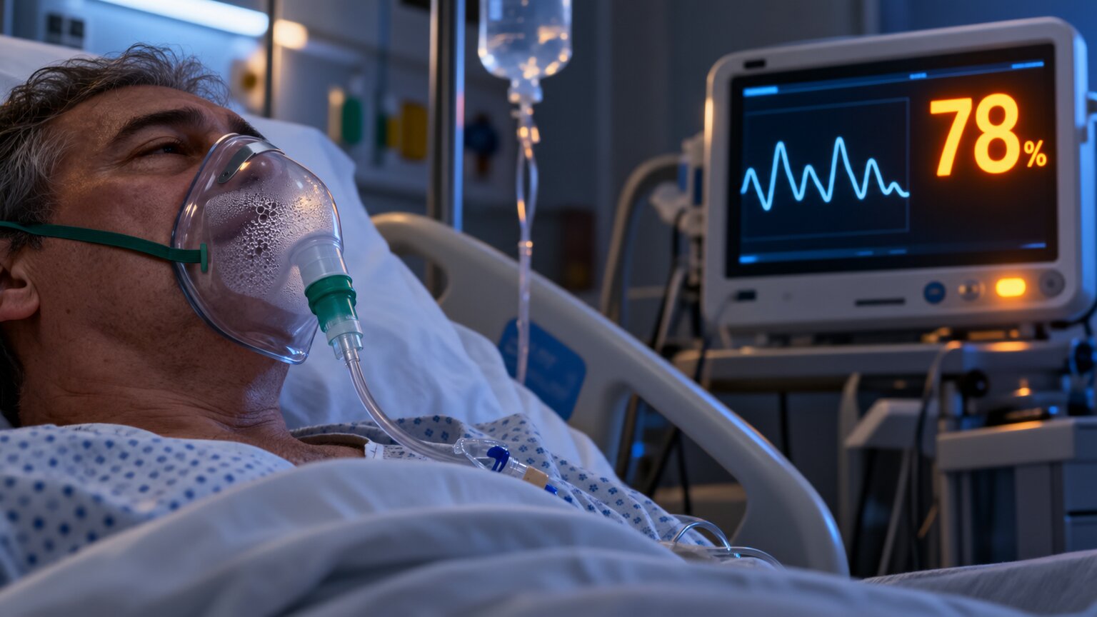 Scientific illustration of a patient's chest and lungs with a visible oxygen saturation monitor display showing a critically low reading