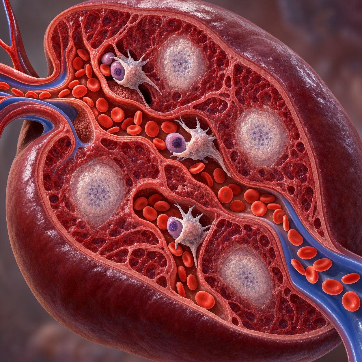 Scientific illustration of a healthy spleen actively filtering and removing immature nucleated red blood cells from passing blood