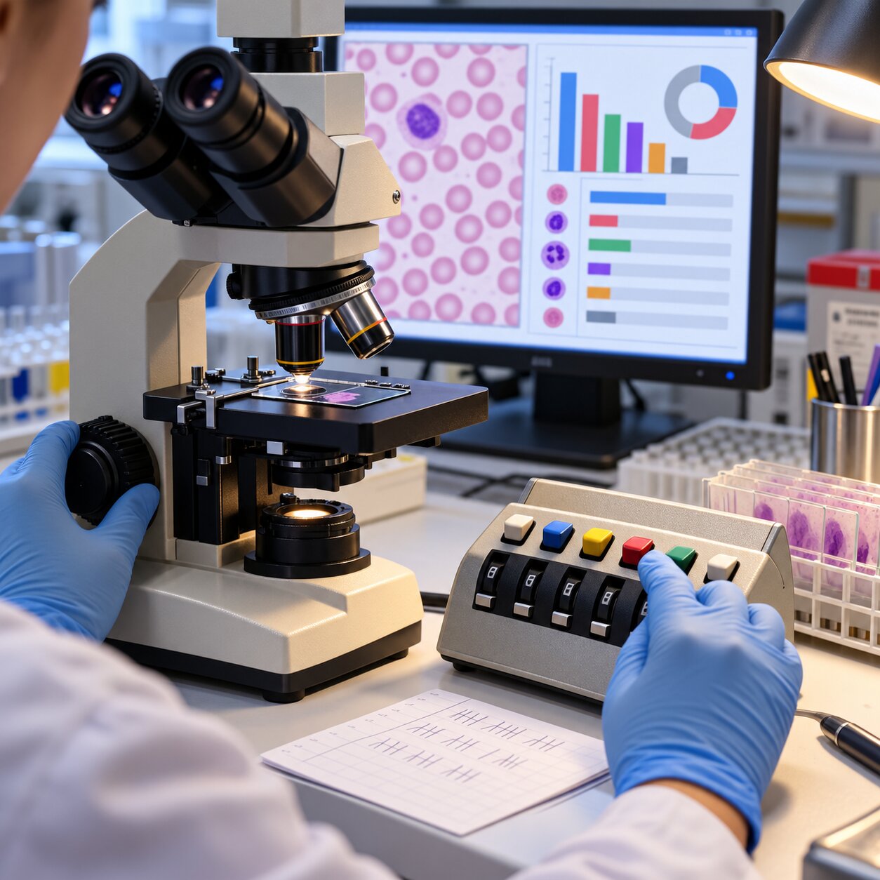Close-up illustration of a lab technologist's gloved hands adjusting a microscope while tallying cells on a manual differential counter