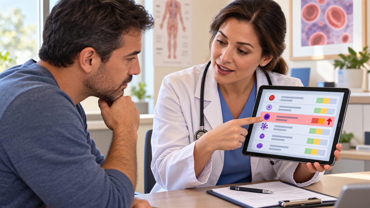 Scientific illustration of a doctor pointing to a highlighted section of a complete blood count report while explaining it to a seated patient