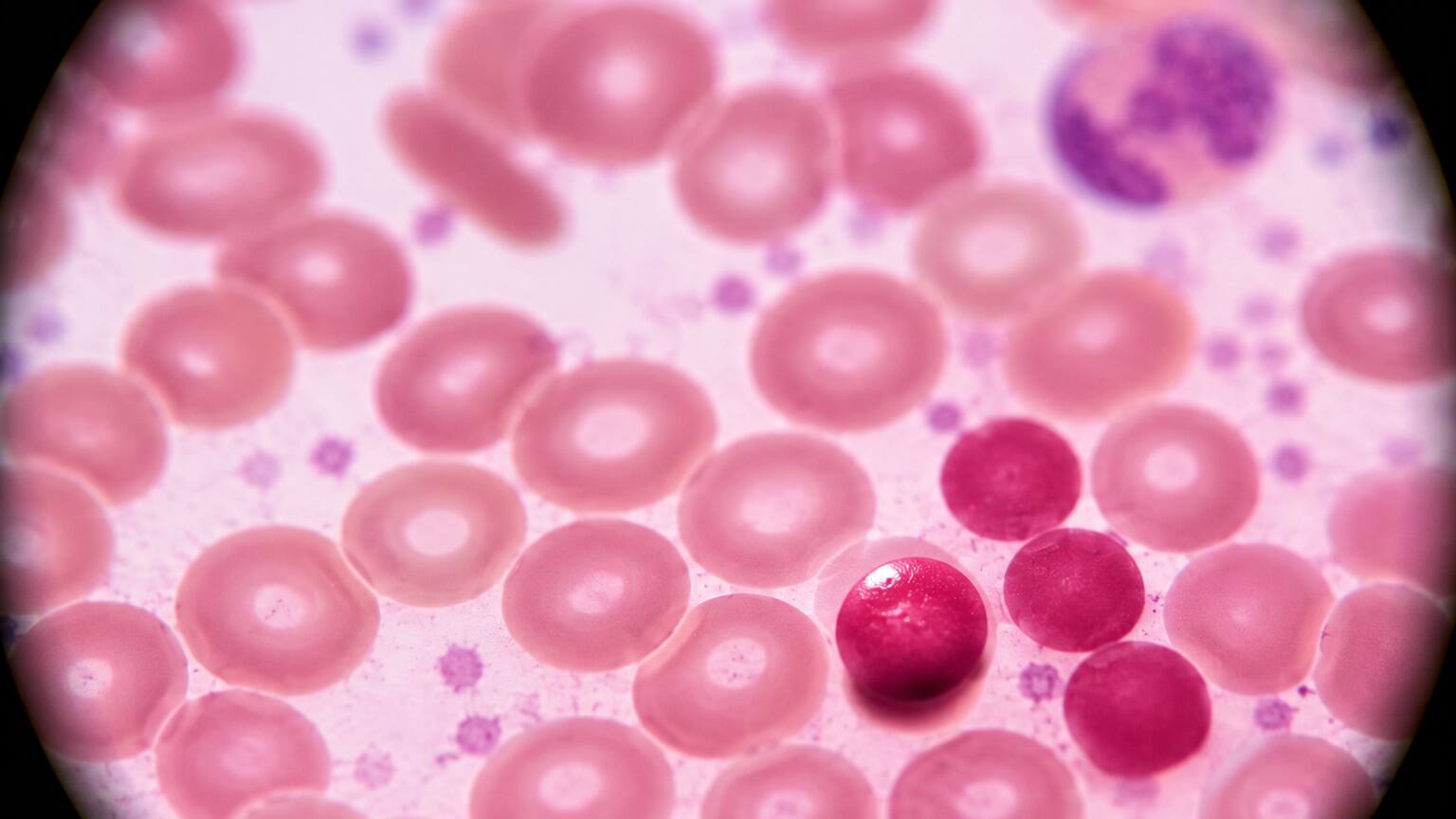 Dramatic high-contrast microscope view of stained red blood cells showing round spherocytes among normal donut-shaped cells