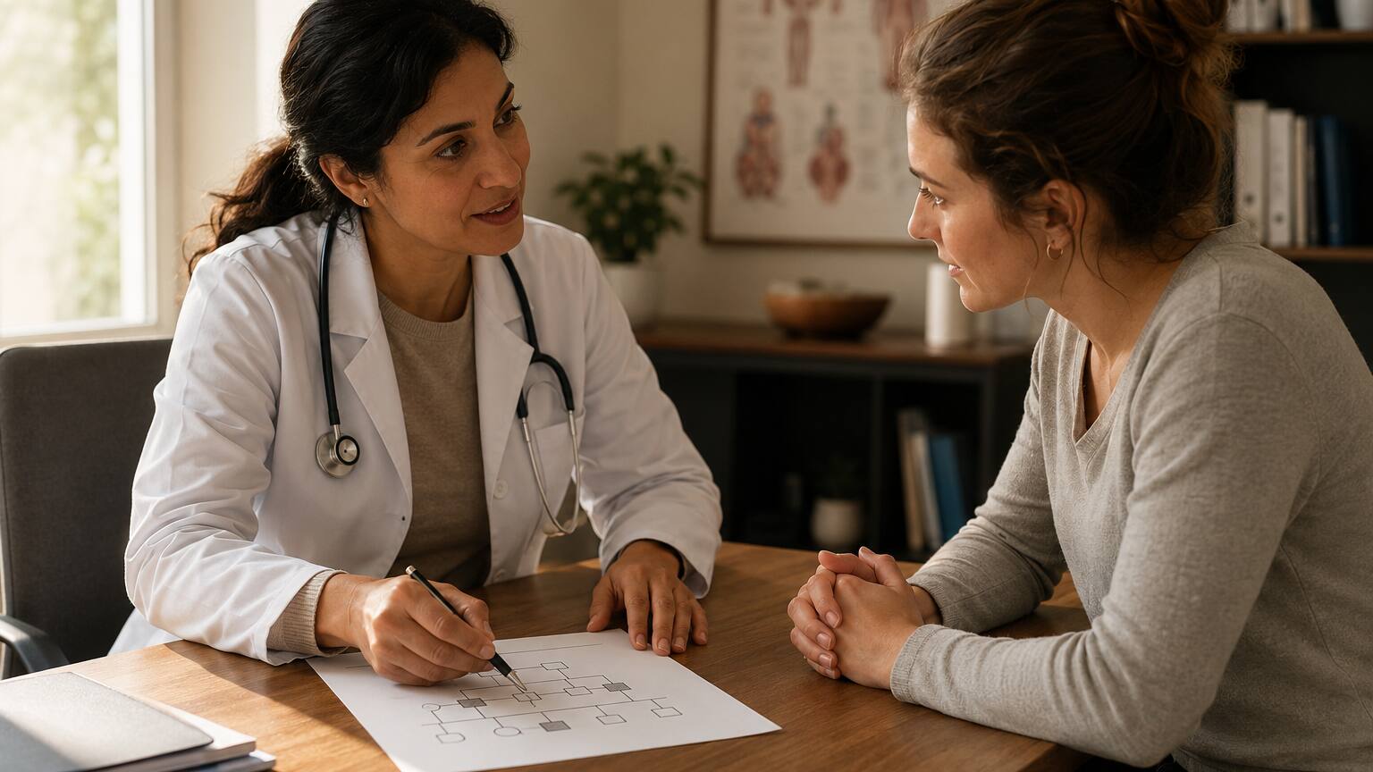 Doctor reviewing a family medical history chart with a patient during a genetic counseling consultation