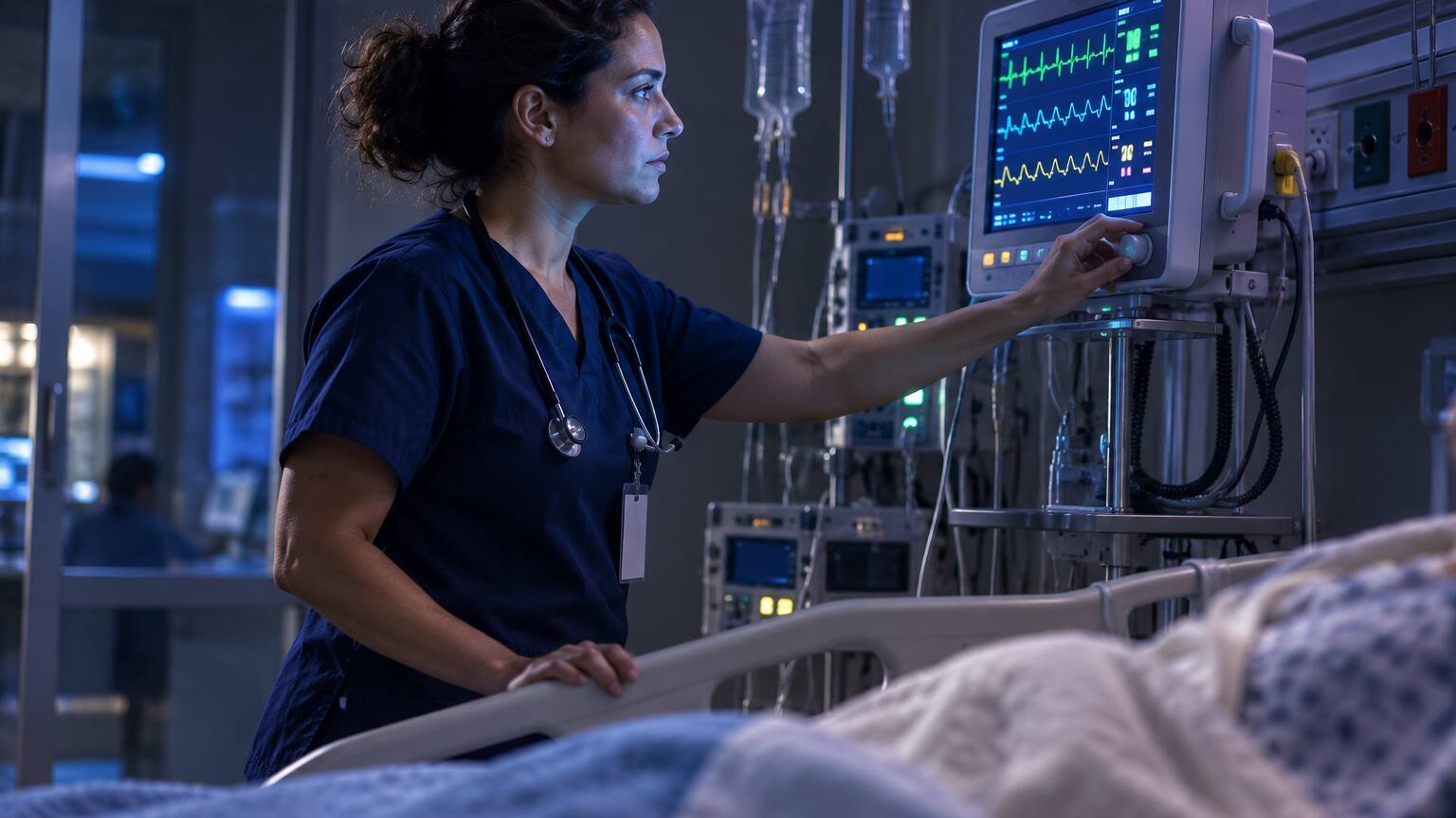 Nurse monitoring vital sign equipment beside a hospital bed in a critical care unit