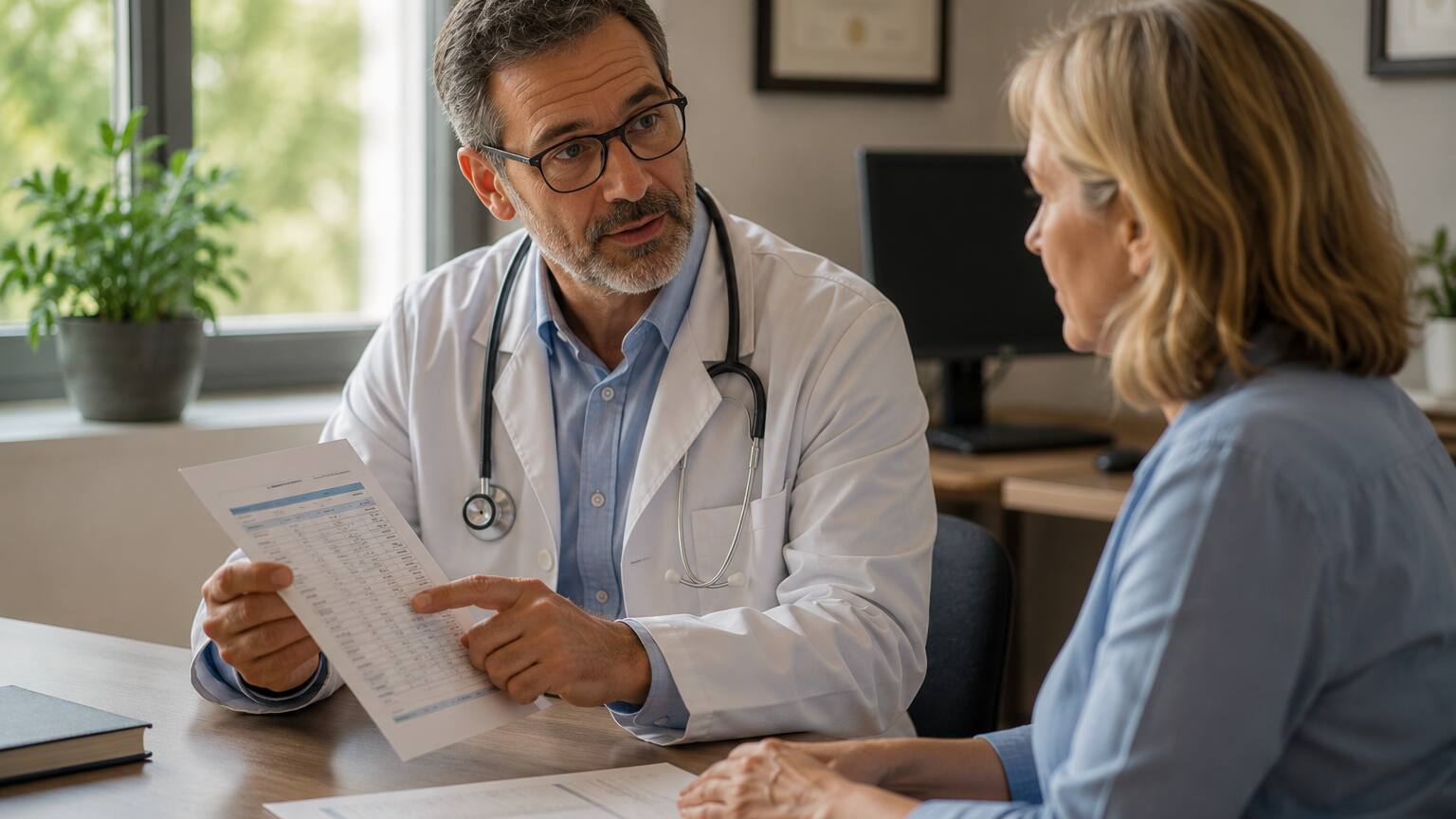 Doctor pointing to a lab report while explaining blood test results to a seated patient in a clinic office