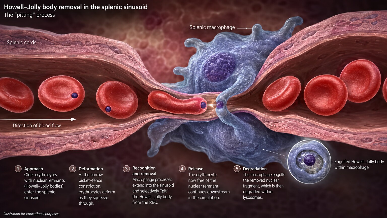 Scientific illustration of a splenic macrophage physically plucking a small nuclear DNA fragment out of a red blood cell as it squeezes through a narrow splenic sinusoid
