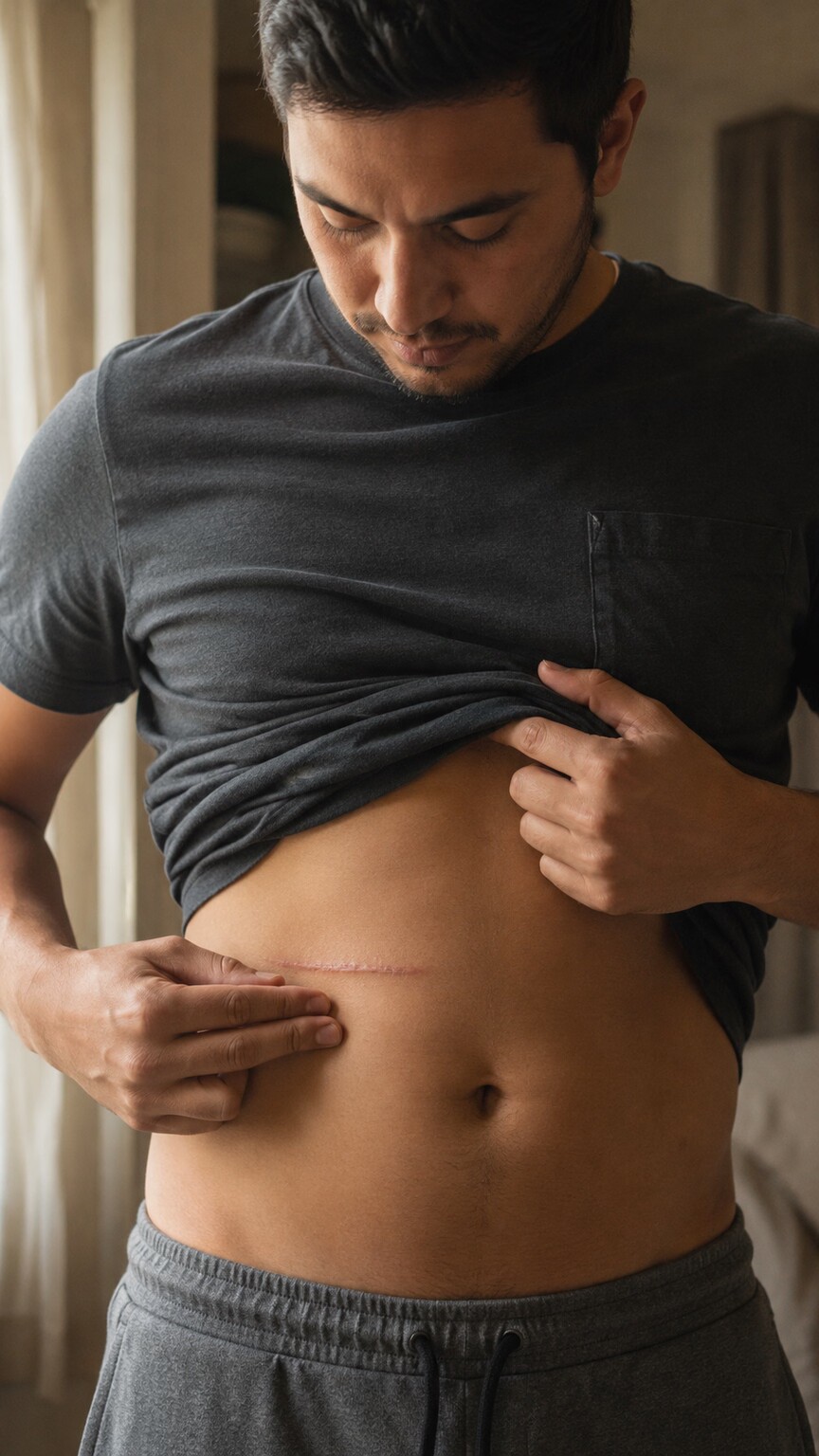 A person gently touching a healed abdominal surgical scar on their left upper side, the typical location of a prior splenectomy