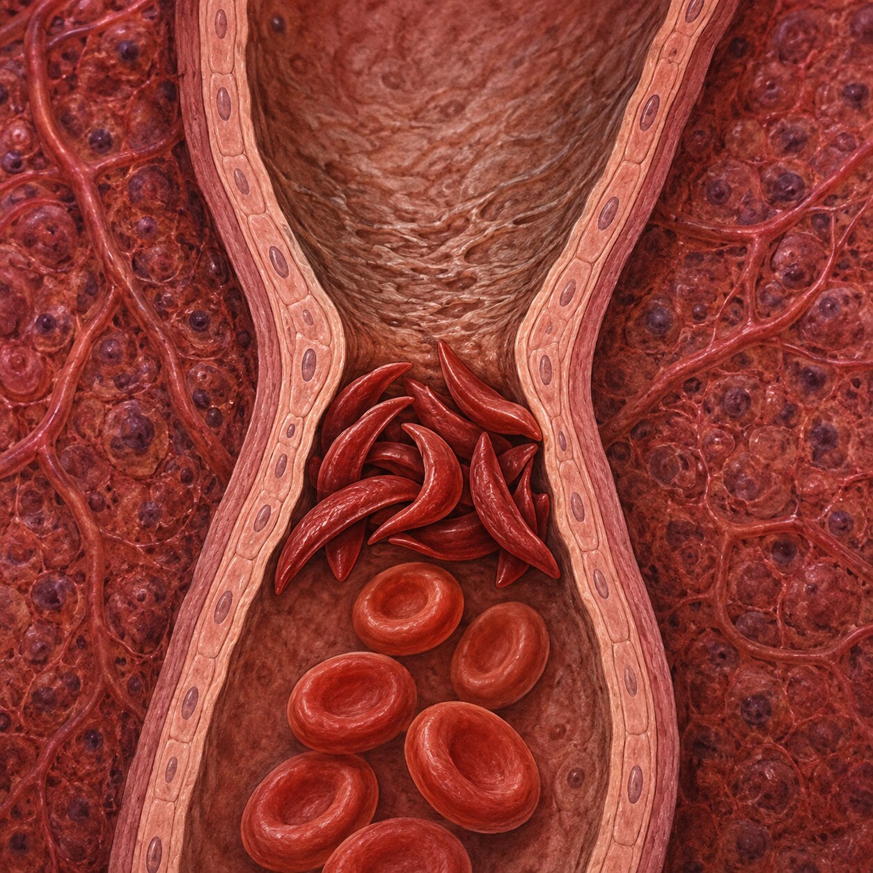 Scientific illustration of rigid, sickle-shaped red blood cells clogging a narrow splenic blood vessel, illustrating how repeated blockages gradually destroy spleen tissue