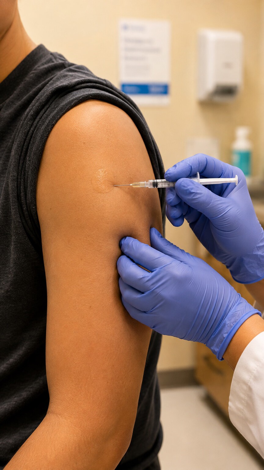 A person receiving a vaccination in their upper arm at a clinic, a standard precaution recommended for anyone with reduced or absent splenic function