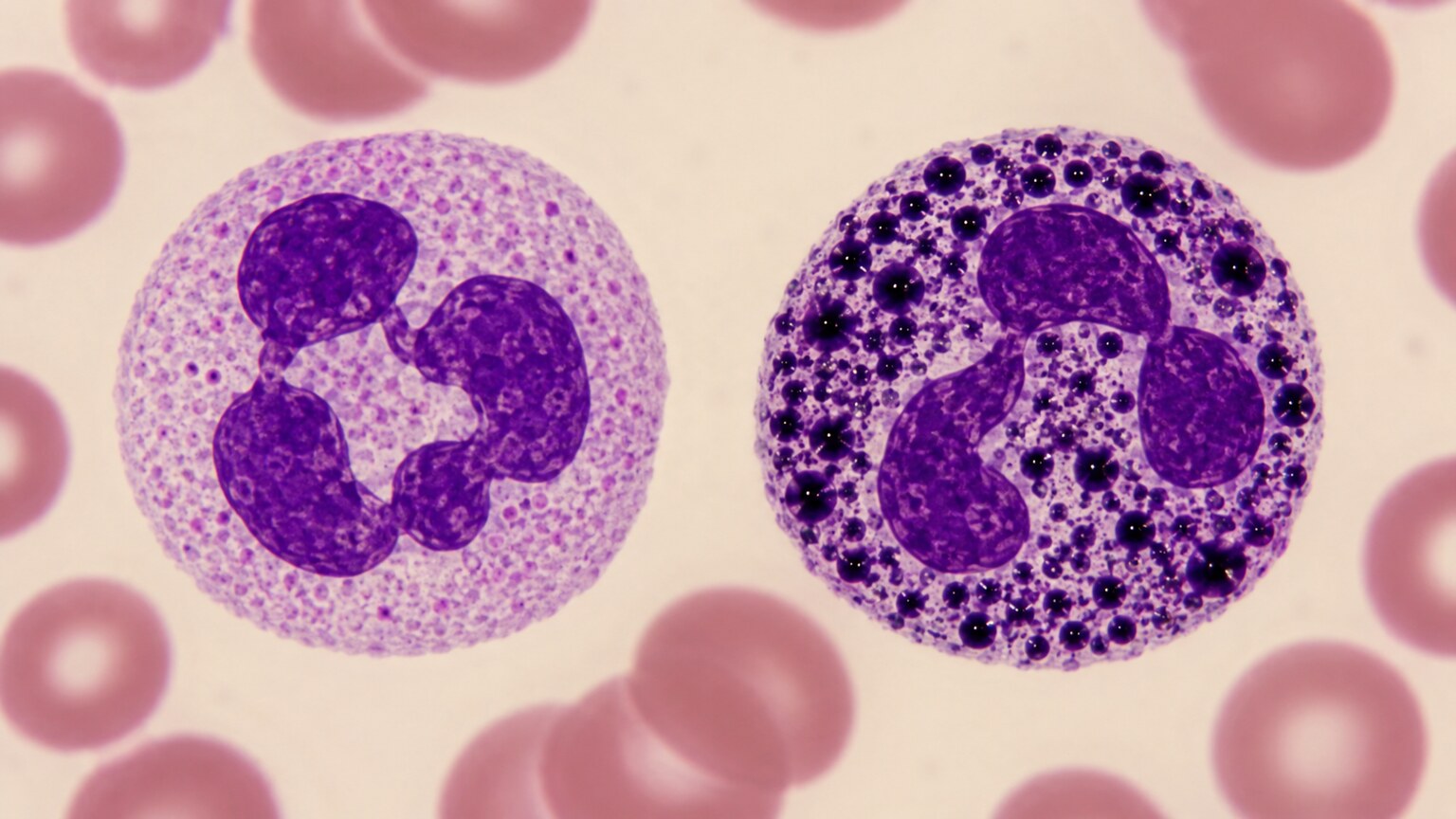 Scientific illustration comparing a normal neutrophil with fine granules to one showing coarse, dark toxic granulation