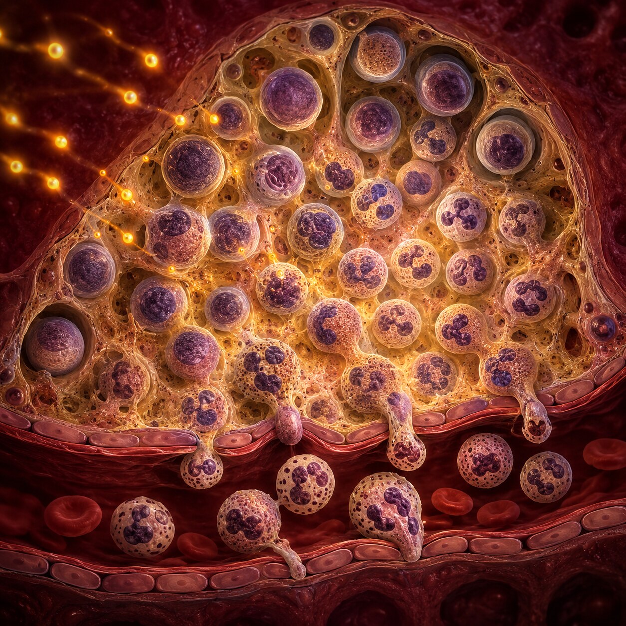 Scientific cross-section illustration of bone marrow rapidly producing neutrophils in response to an active infection signal